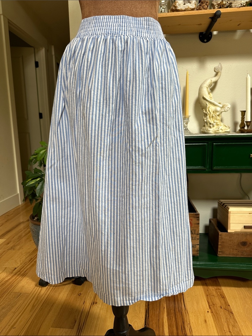 Light Blue Striped Midi Skirt, Large